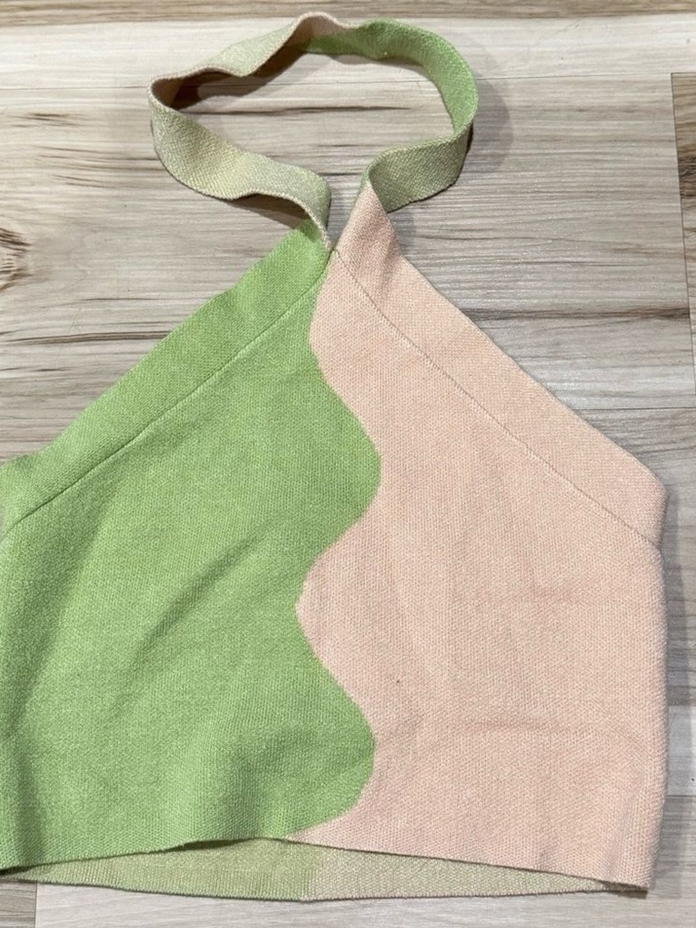 Two-Tone Off-the-Shoulder Knit Top in Light Green & Peach